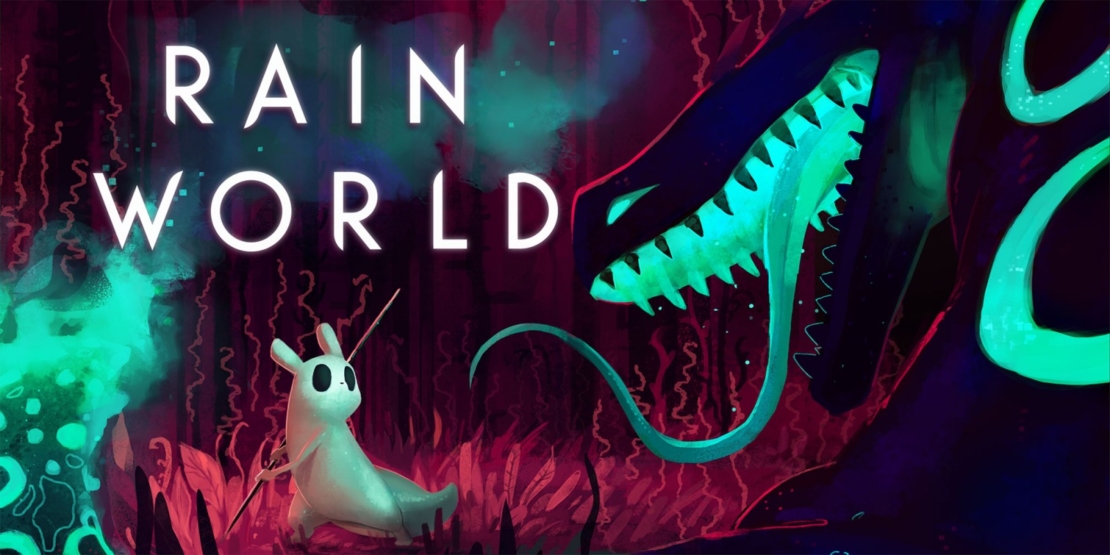 Small white creature holding a staff sits in front of a large open mouth of a glowing turquoise snake-like creature in a dark, plant-filled background with the text 'RAIN WORLD'