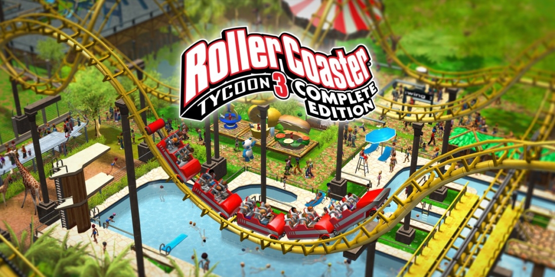 Bird's-eye view of a roller coaster with red cars and passengers in an amusement park with paths, trees, and water features
