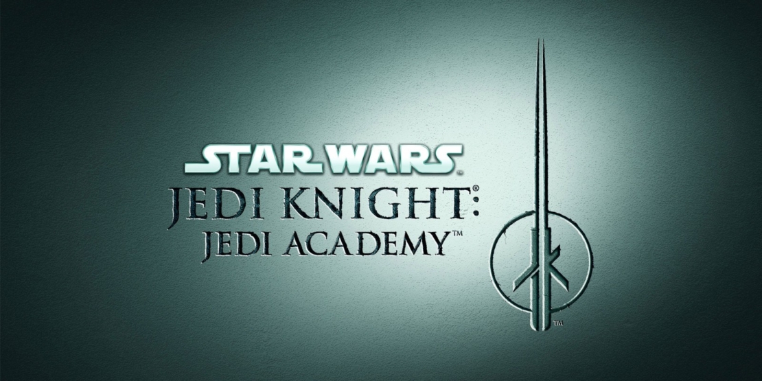 Text 'STAR WARS JEDI KNIGHT JEDI ACADEMY' on dark background with a tall pointed symbol to the right.