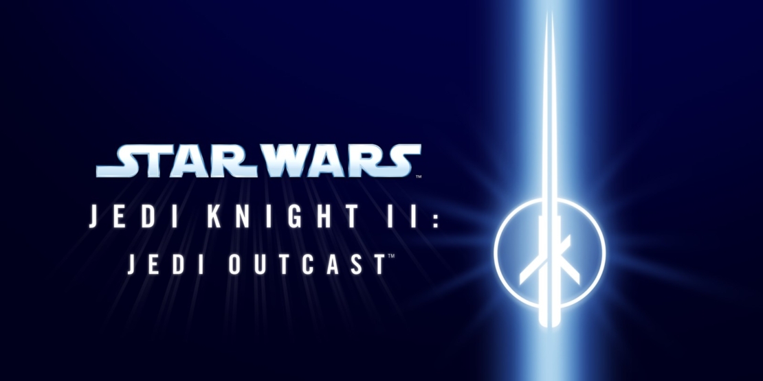 White text 'STAR WARS JEDI KNIGHT II: JEDI OUTCAST' on black background with glowing lightsaber and circular symbol.