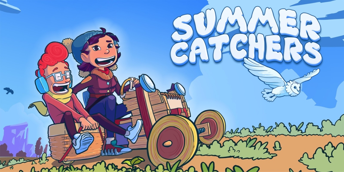 Two cartoon characters sitting in a wooden vehicle with large wheels in front of a landscape with trees and a bird in the sky next to the text 'SUMMER CATCHERS'