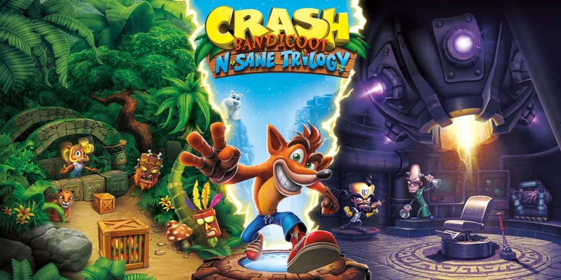 Crash Bandicoot stands with an outstretched arm in front of a jungle and a futuristic machine, surrounded by other characters and crates.
