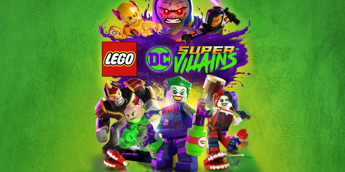 LEGO DC Super Villains Spielcover mit LEGO Minifiguren von Joker, Harley Quinn, Deadshot, Reverse-Flash und Brainiac mit LEGO-, DC- und Super Villains-Logos