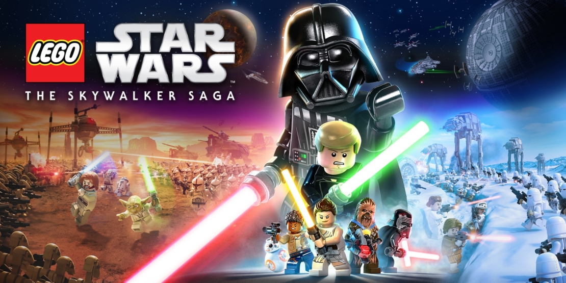 Multiple LEGO Star Wars characters holding lightsabers and weapons against a space background with planets and spacecraft
