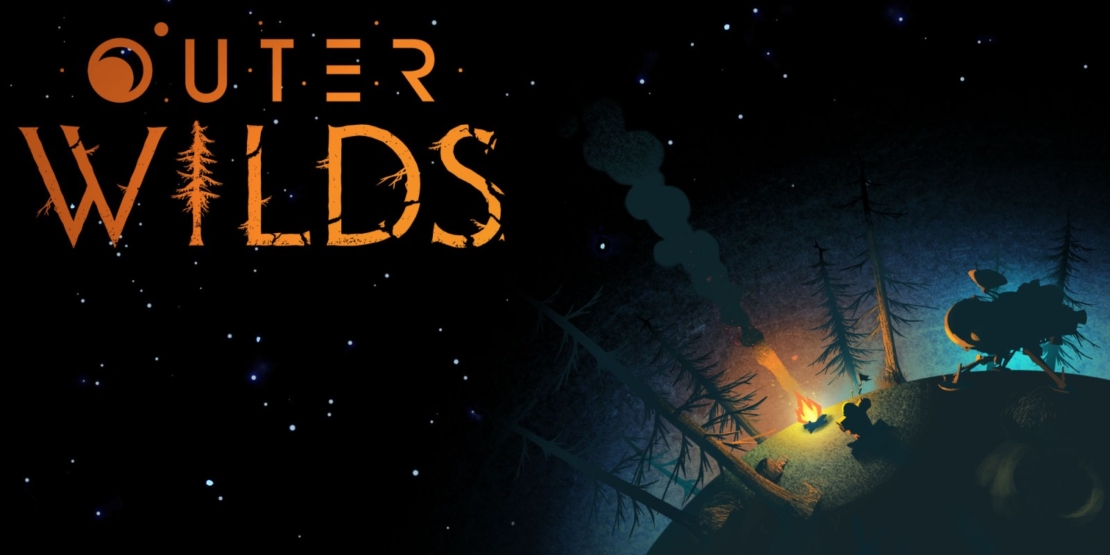 Small planet with forest, campfire, and two figures including one in a spacesuit under a starry night sky with the text 'OUTER WILDS'