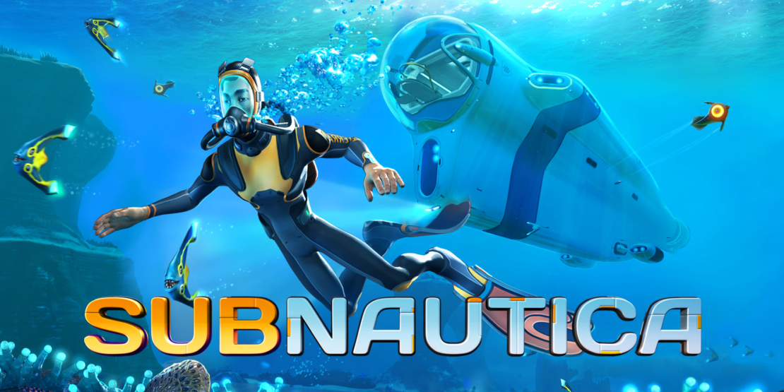 Diver in black and yellow wetsuit swimming underwater next to a large futuristic submarine and several small yellow underwater vehicles in a rocky underwater landscape with plants.