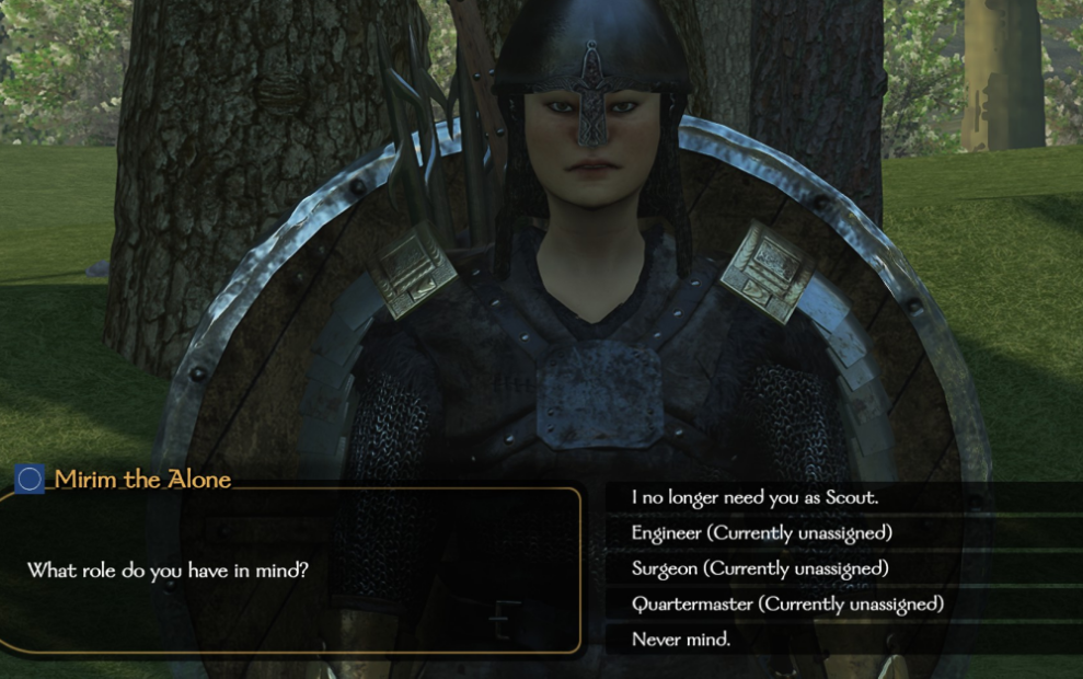 Person in dark armor with large round shield standing before tree trunks, text box showing role selection options in a game.