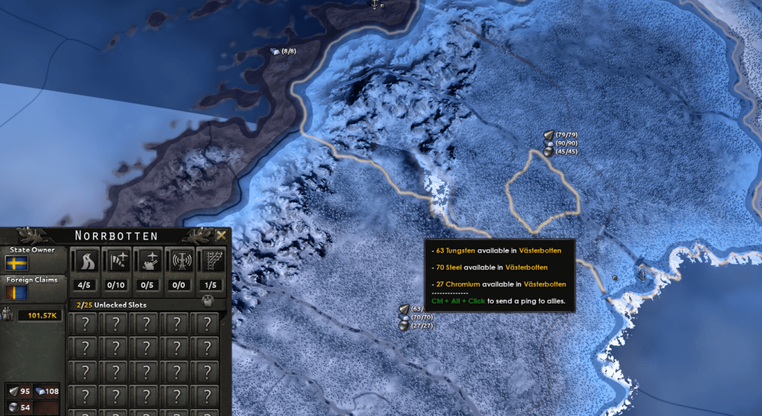 Hearts of Iron 4 Resources: Map from Hearts of Iron 4 showing the province Norrbotten with resource overview: 43 tungsten, 70 steel, 27 chromium available.
