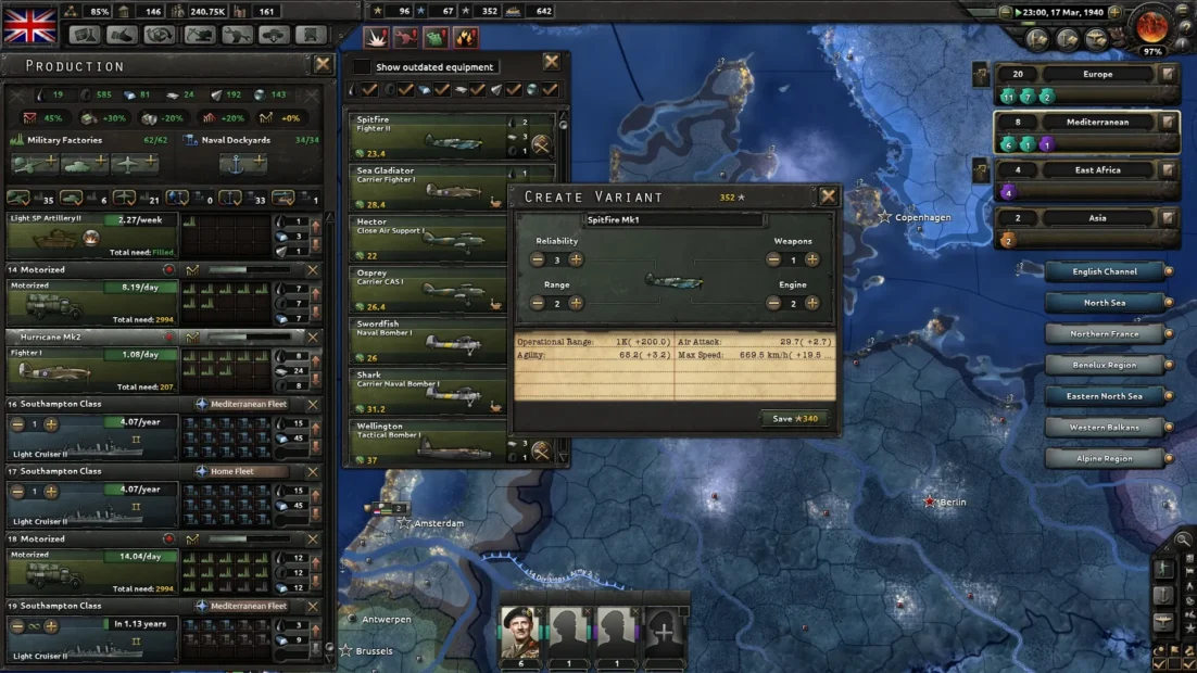 User interface of the game Hearts of Iron 4, displaying the production menu with equipment variants and statistics. Military units are listed on the left, with a map view of Europe and Asia on the right.