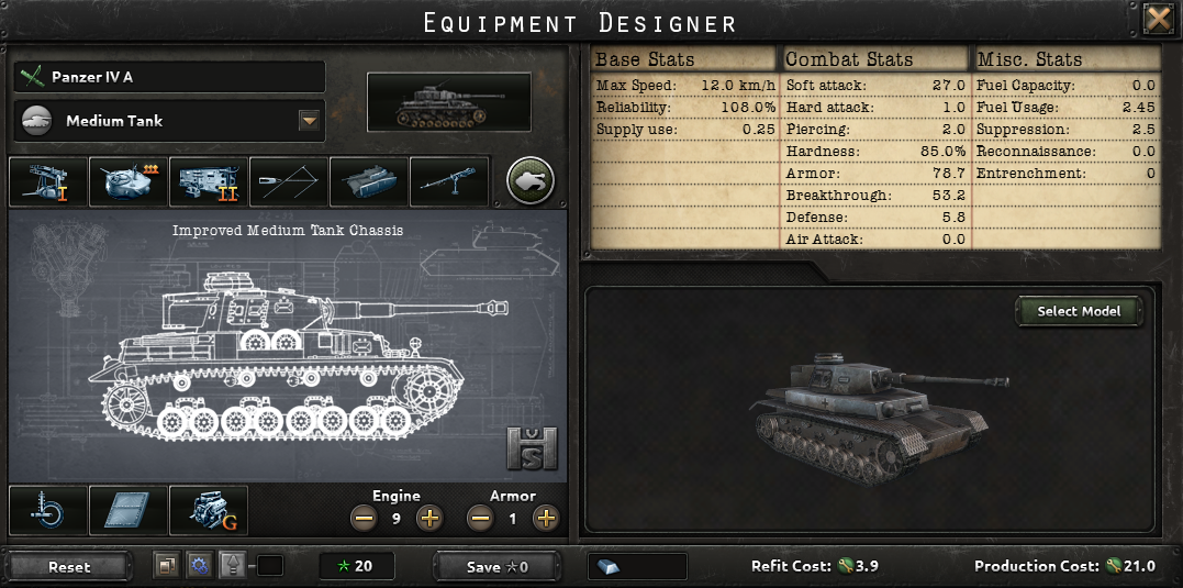 Hearts of Iron 4 equipment designer interface displaying a Panzer IV A medium tank with technical specs, base stats, and a 3D tank model.