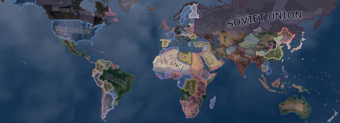 World map from the game Hearts of Iron 4 with color-coded countries. Visible are 'France', 'Soviet Union', and 'Brazil'.