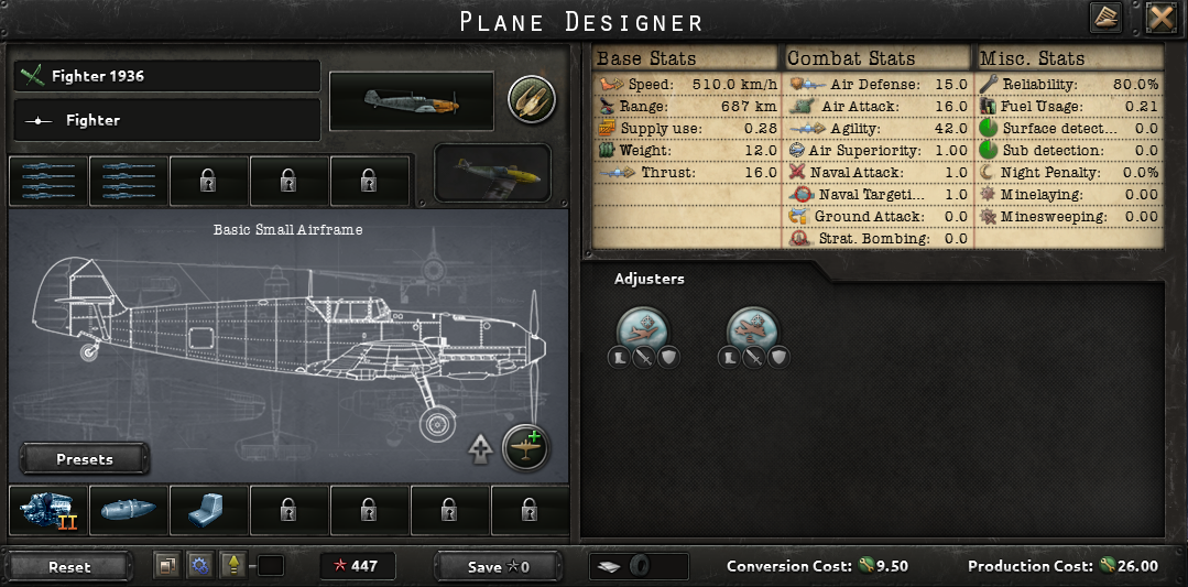Hearts of Iron 4 plane designer interface showing a schematic side view of a 1936 fighter aircraft with base and combat stats displayed.