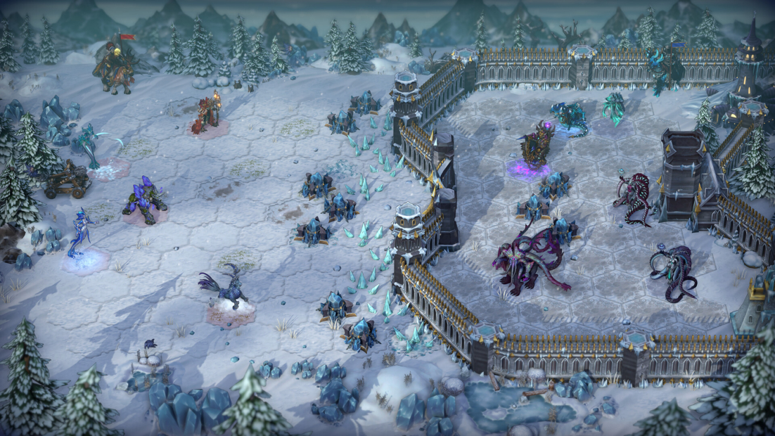 Heroes of Might and Magic Olden Era Guide: Bird's-eye view of a snow-covered hexagonal game board with fantasy creatures and a fortress surrounded by walls in a winter landscape.