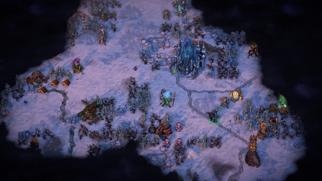 Bird's-eye view of a snowy landscape with paths, multiple buildings, and figures in a fantasy game world