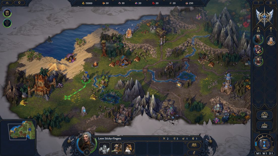 Game map showing river, mountains, forests, buildings, and game characters in a fantasy strategy setting