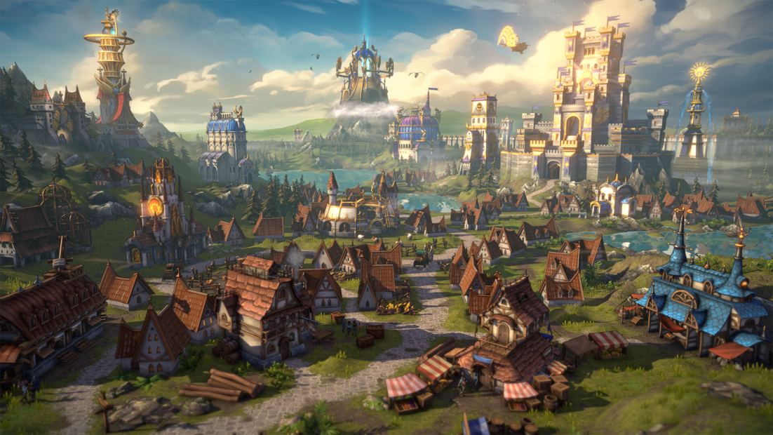 View over a medieval village with timber-framed houses and several large castles in the background under a cloudy sky