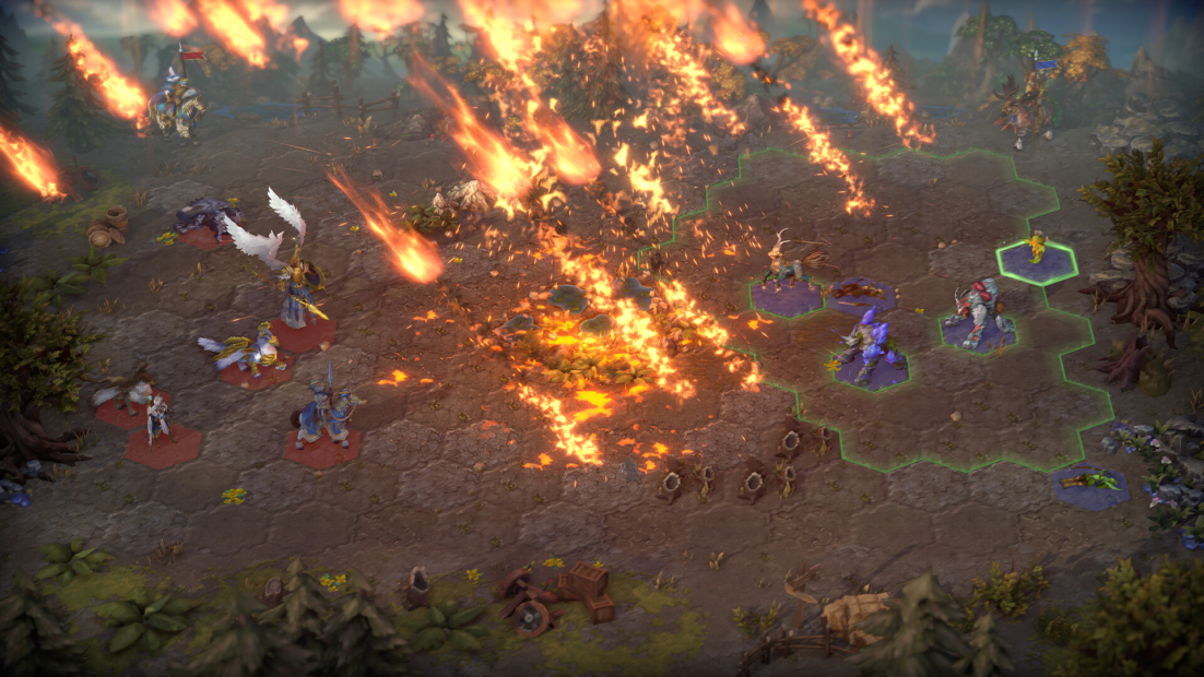 Hexagonal grid battlefield with multiple fantasy characters and a meteor shower attack falling from the top
