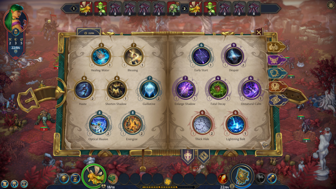 User interface of a fantasy strategy game showing character portrait, resource indicators, and multiple action icons on a reddish-brown background.