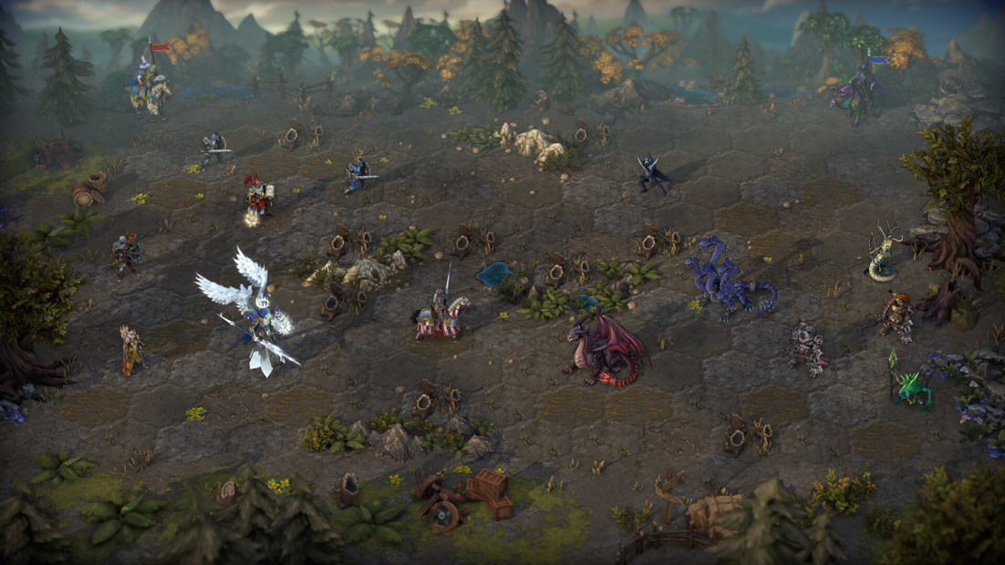 Game board with various fantasy creatures and hero figures in a forest landscape with mountains in the background