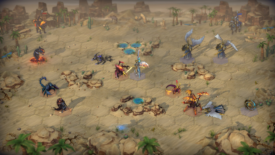 Battle scene on a rocky desert map featuring various fantasy creatures including scorpions, dragons, and armored knights