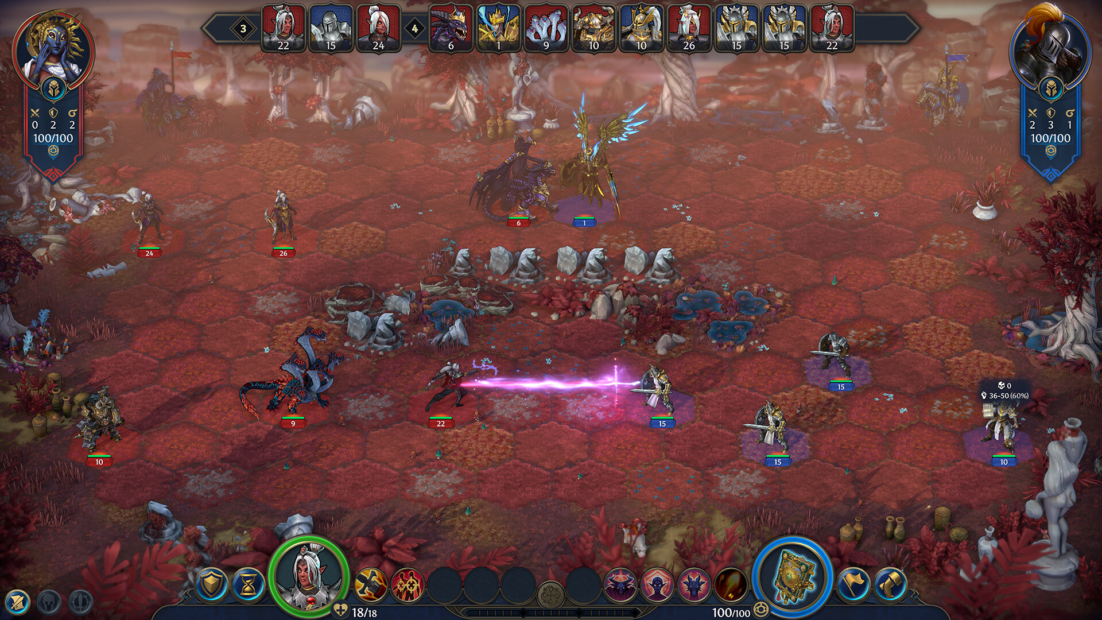 Fantasy strategy game battlefield with multiple characters positioned on red rocky terrain including a winged creature in the center and a purple energy beam between two characters.