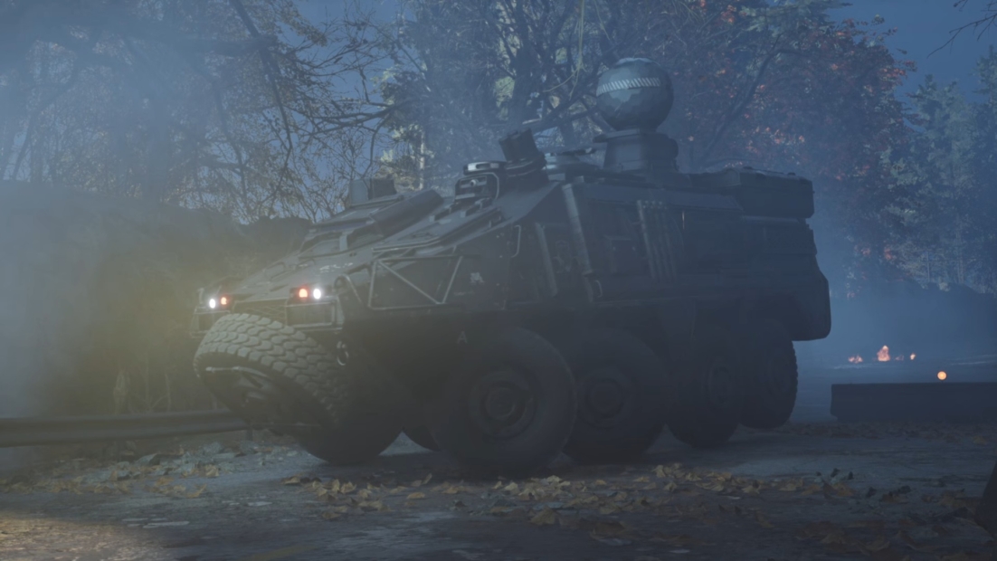 Armored personnel carrier from the game 'Hell is Us', featuring six wheels, a turret on top, and headlights illuminated in a foggy forest setting.