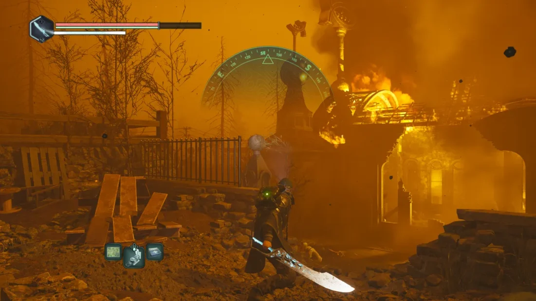 A character from 'Hell is Us' stands in a fiery landscape, wielding a sword. A compass overlay displays directional information. The background shows burning structures and trees.