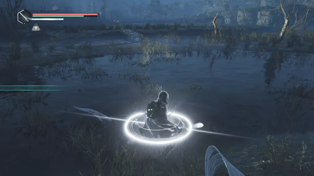 Hell is Us Tips: A character in a dark outfit sits in a glowing circular light on the water's surface in 'Hell is Us'. The background features a misty landscape with sparse trees.