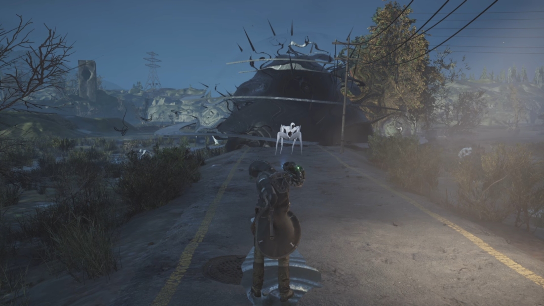A character in a dark outfit stands on a cracked road in 'Hell is Us', facing a large, alien-like structure with spikes.