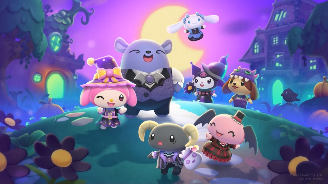 Bunte, fröhliche Tierfiguren in fantasievoller Landschaft bei Dämmerung, einige tragen Kostüme und Accessoires.