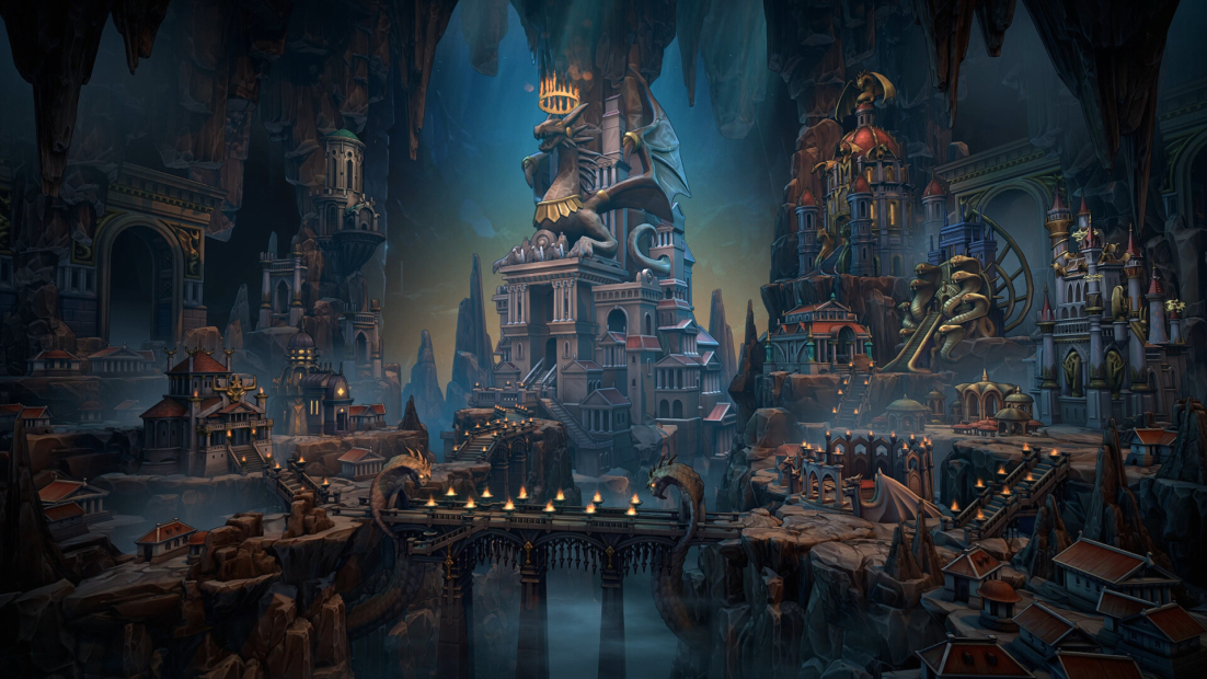 Large underground city with bridges, towers, and a dragon statue inside a cave