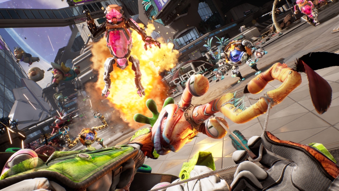 Several colorful futuristic characters in an urban setting with a large explosion in the background