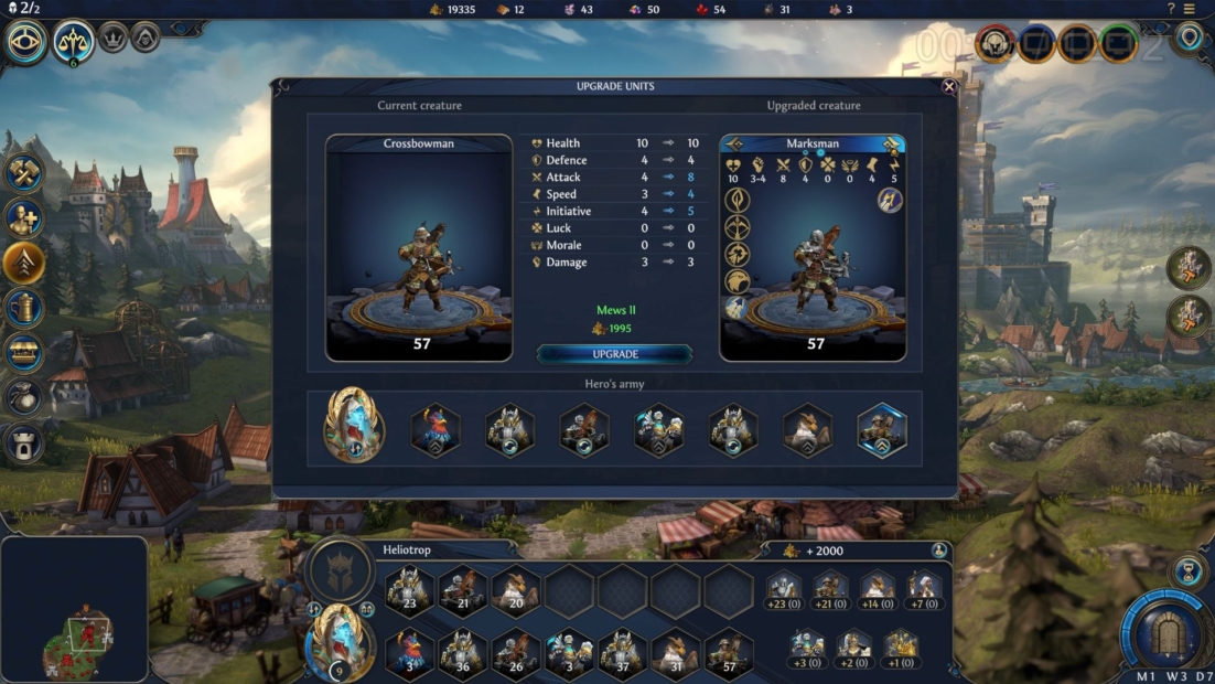 Heroes of Might and Magic Olden Era Factions: Temple. Strategy game interface showing two armored figures on pedestals and an overview of units with their stats.