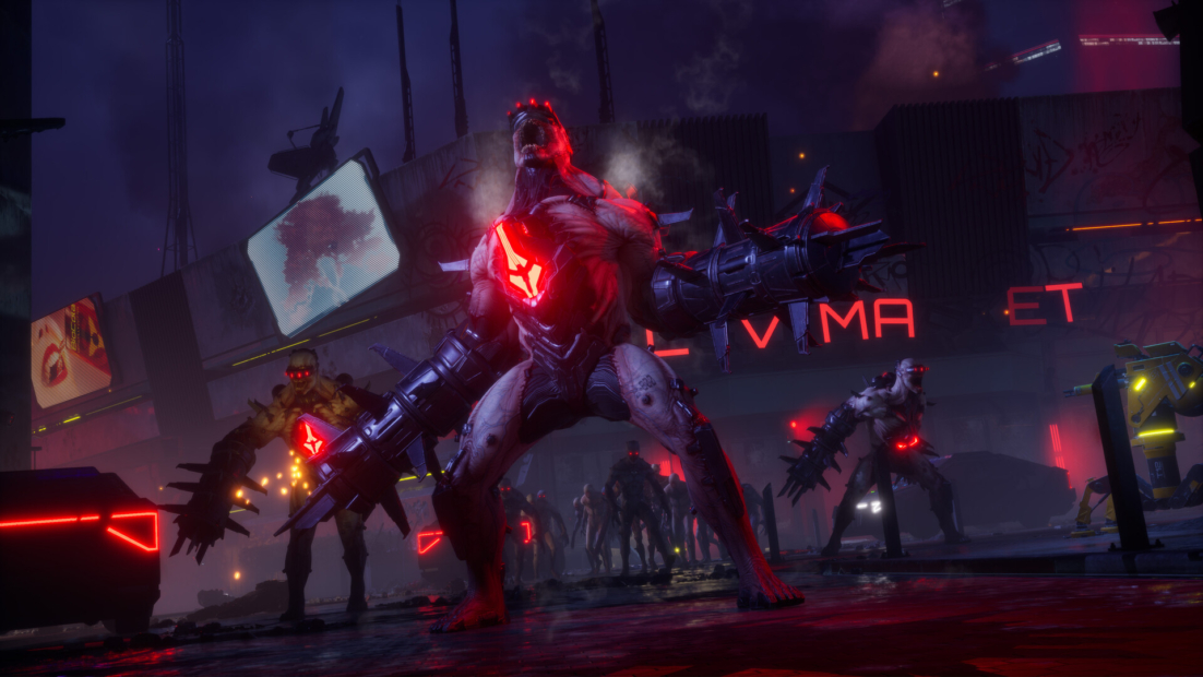 Monströse Kreaturen mit leuchtend roten Brustpanzern und Waffen, die in einer dunklen Stadtkulisse aus dem Spiel „Killing Floor 3“ vorrücken.