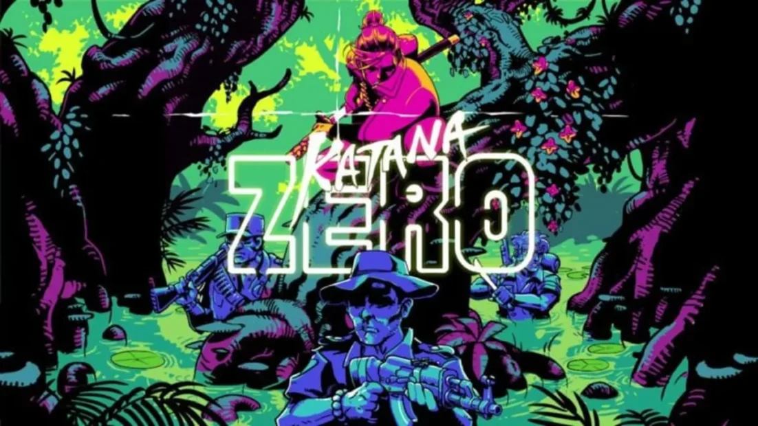 Scene with an armed character in a colorful, comic-style forest landscape with the text 'Katana Zero' in the center.