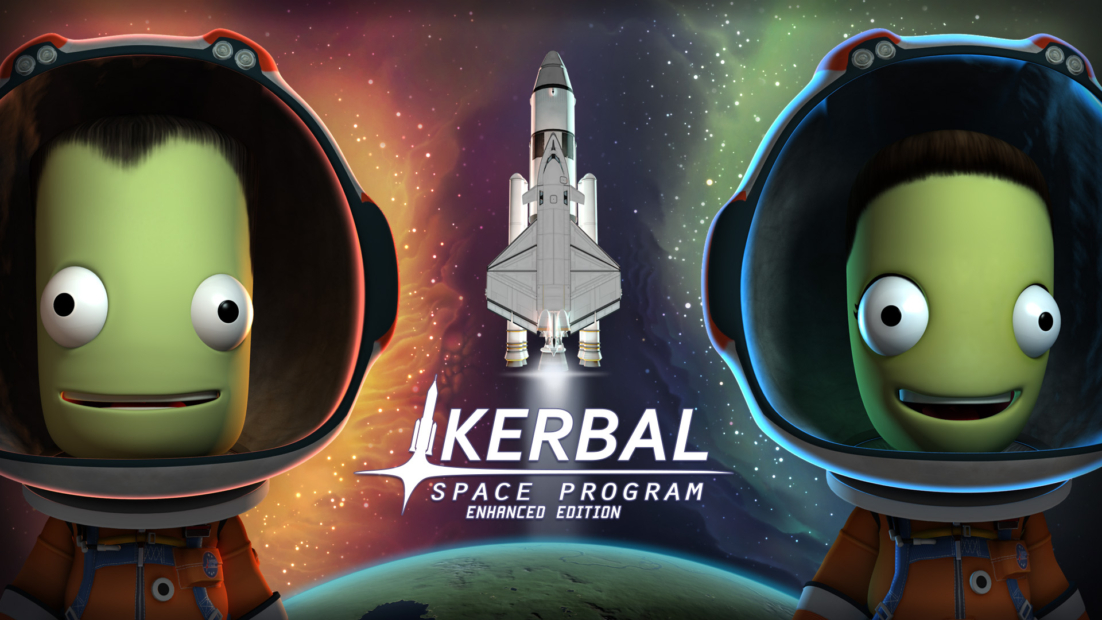 Two greenish characters in space suits and helmets in front of a space background with a rocket and the text 'KERBAL SPACE PROGRAM ENHANCED EDITION'