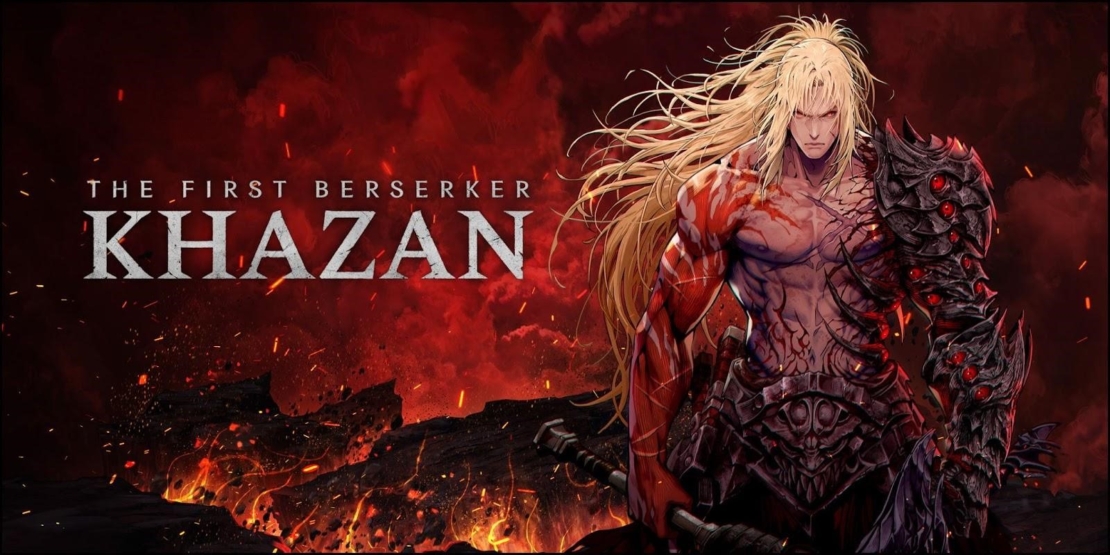 Muskelbepackter Mann mit langem blonden Haar und schwarzer, stacheliger Rüstung auf dem rechten Arm vor feurig-rotem Hintergrund mit dem Text 'THE FIRST BERSERKER KHAZAN'