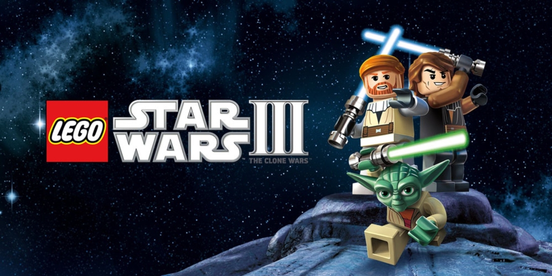 Three LEGO Star Wars figures holding lightsabers in front of a starry background with the text 'LEGO Star Wars III The Clone Wars'