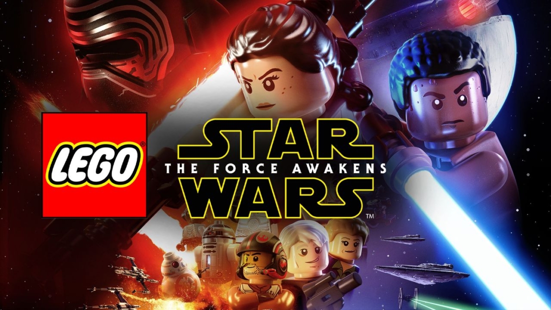 LEGO logo and Star Wars The Force Awakens text over a space scene with LEGO figures and starships