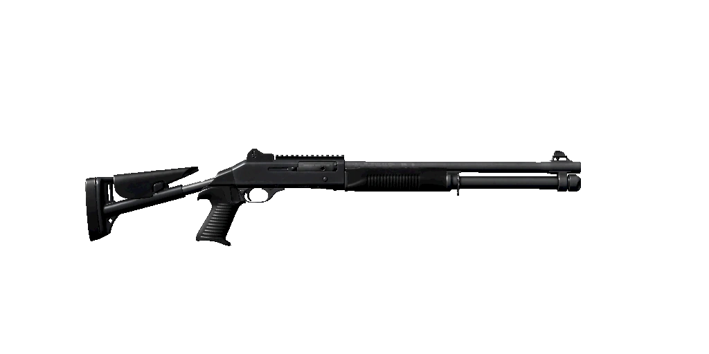 Black M4 Super 90 shotgun with telescopic stock and pistol grip, side view.