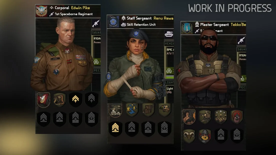 Drei militärische Charaktere in Uniformen mit Rangabzeichen und Auszeichnungen, jeweils mit Namensschild und Waffen-Icons, vor dunklem Hintergrund mit Text 'WORK IN PROGRESS'.