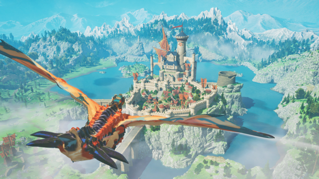 Monster Hunter Stories 3 Guide: Dragon flying over a castle on a rocky island in a lake with mountains in the background
