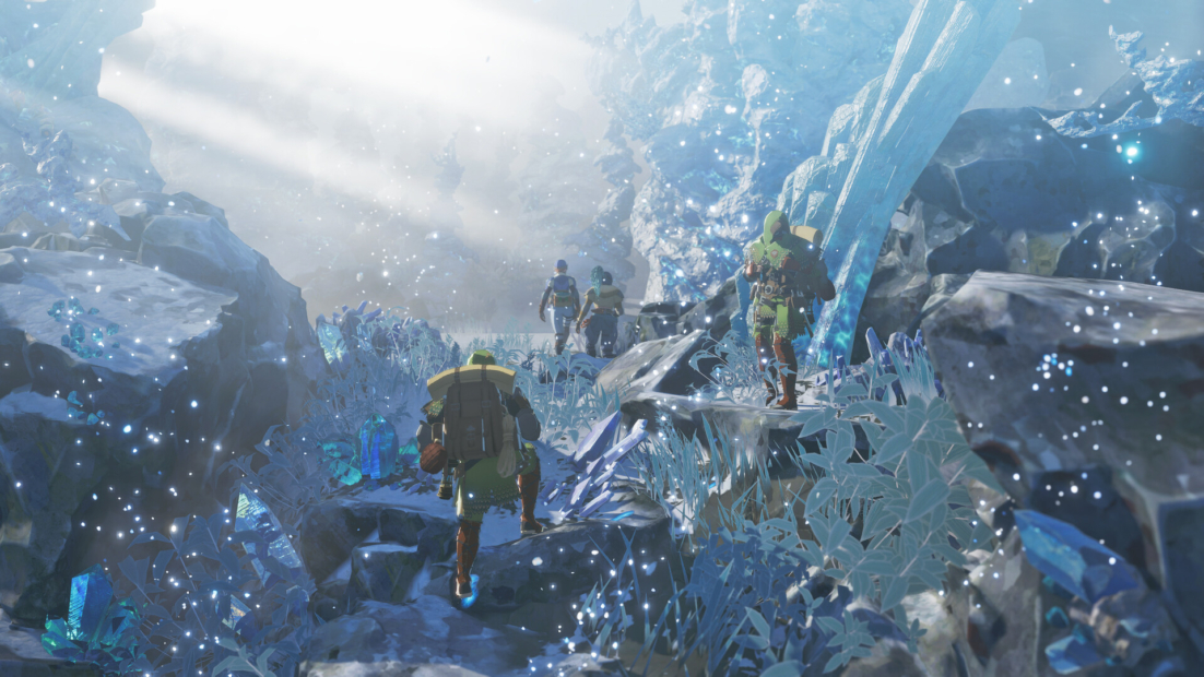 Several people with backpacks hiking through a rocky landscape with glowing blue crystals and plants