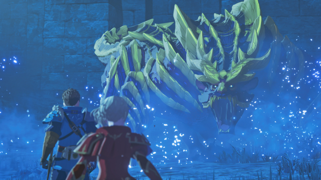 Two armored figures stand before a large glowing dragon skeleton in a dark environment filled with blue lights