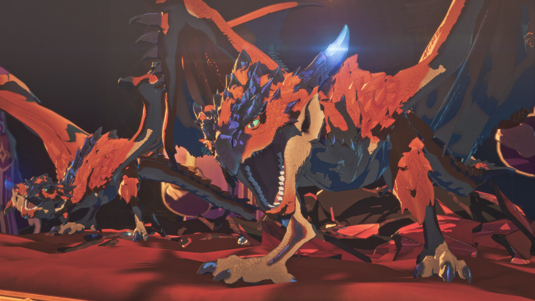 Two large red-and-black dragons with sharp teeth and horns in a dark environment