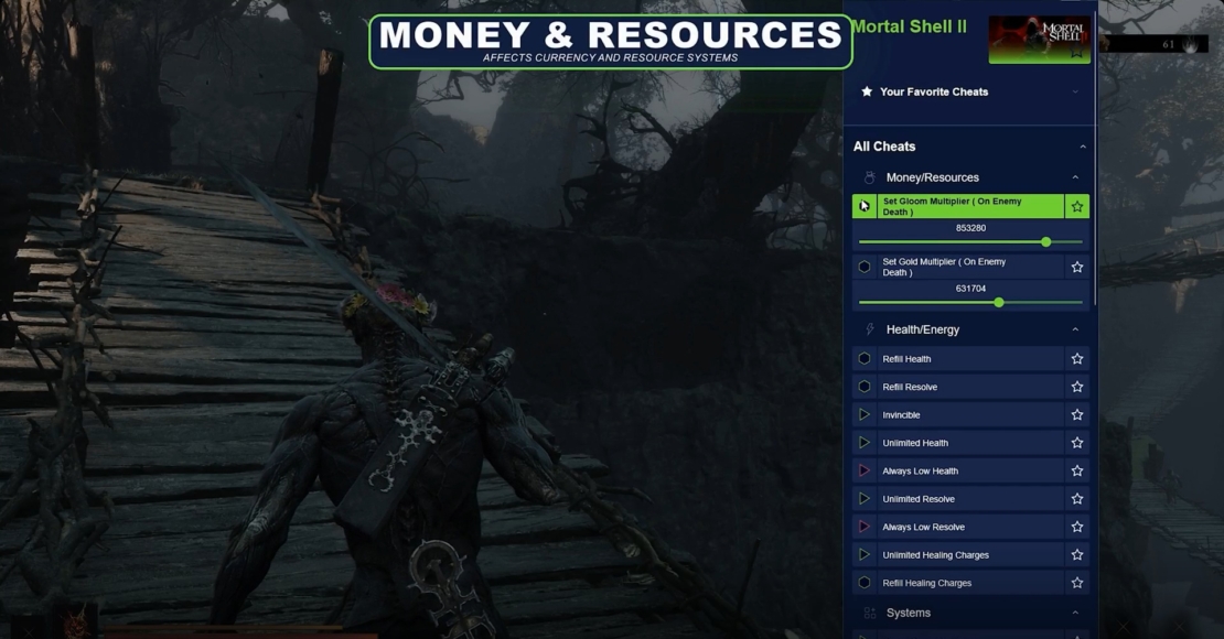 Screenshot eines Videospiels mit einem Charakter auf einer Holzbrücke und einem geöffneten Cheat-Menü mit Optionen für Geld- und Ressourcenmultiplikatoren.