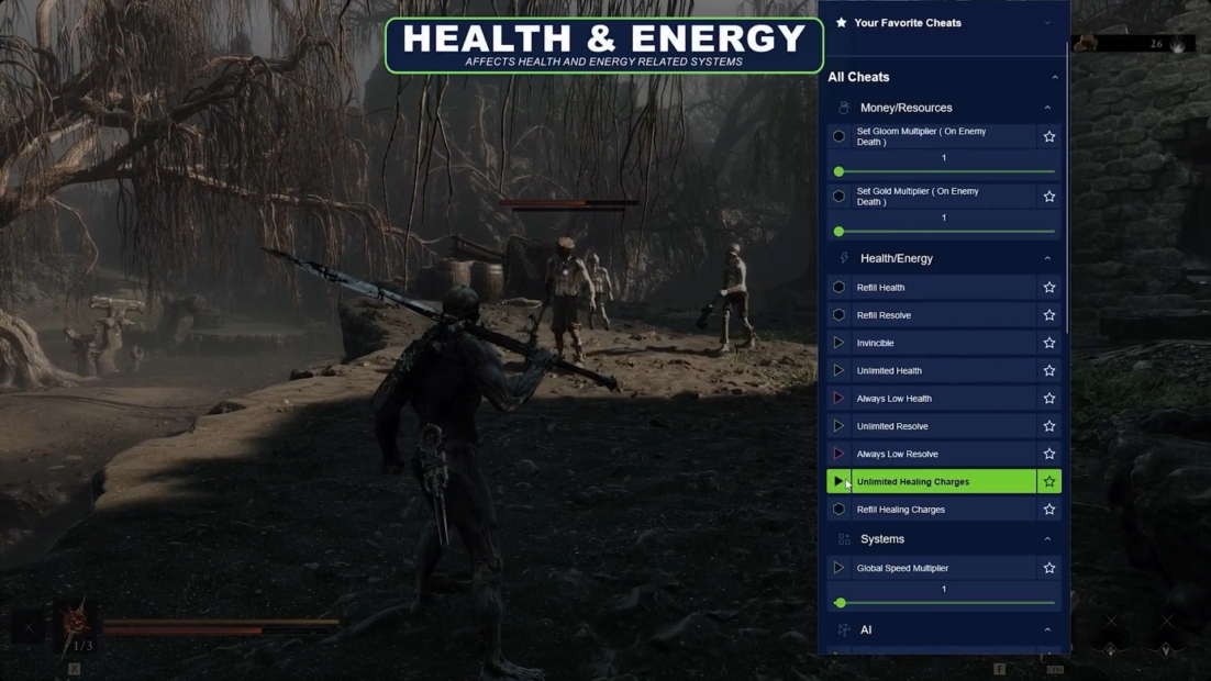 Dunkle Spielszene mit einem Charakter im Vordergrund, der eine Waffe hält, und einem Menü mit Cheats für Gesundheit und Energie auf der rechten Seite, wobei der Eintrag "Unlimited Healing Charges" hervorgehoben ist