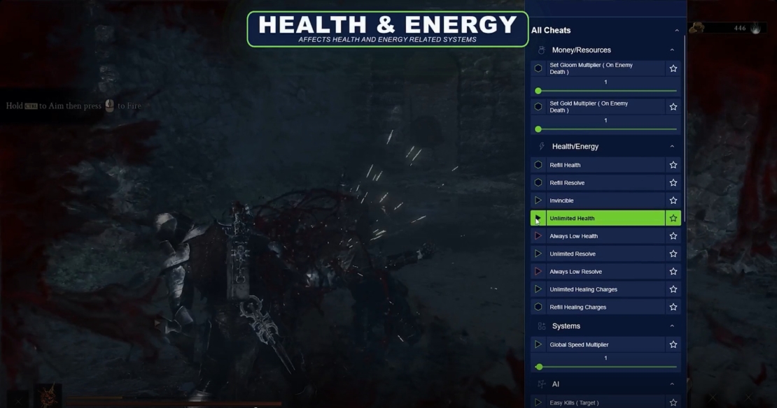 Mortal Shell II Trainer: Spielszene mit einem Charakter in dunkler Umgebung und einem Menü mit Cheats für Gesundheit und Energie auf der rechten Seite