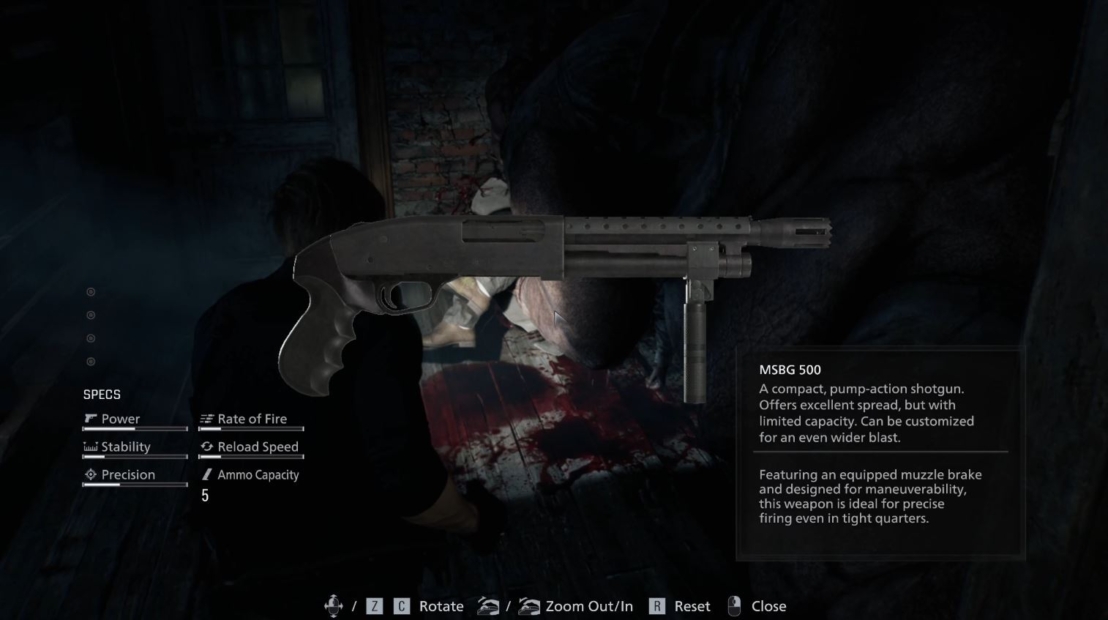 Black-and-white graphic of a compact pump-action shotgun with grip and barrel rail, alongside technical specifications for rate of fire, reload speed, precision, and ammo capacity.