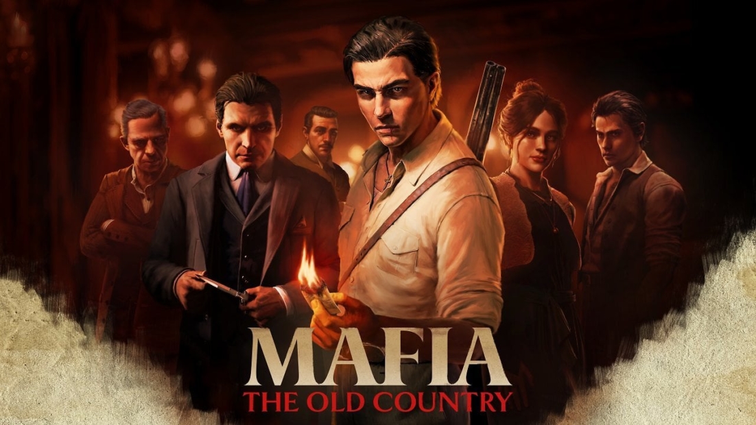 Group of six men in 1920s attire, one holding a lit match and shotgun, standing against a dark background with 'Mafia The Old Country' text